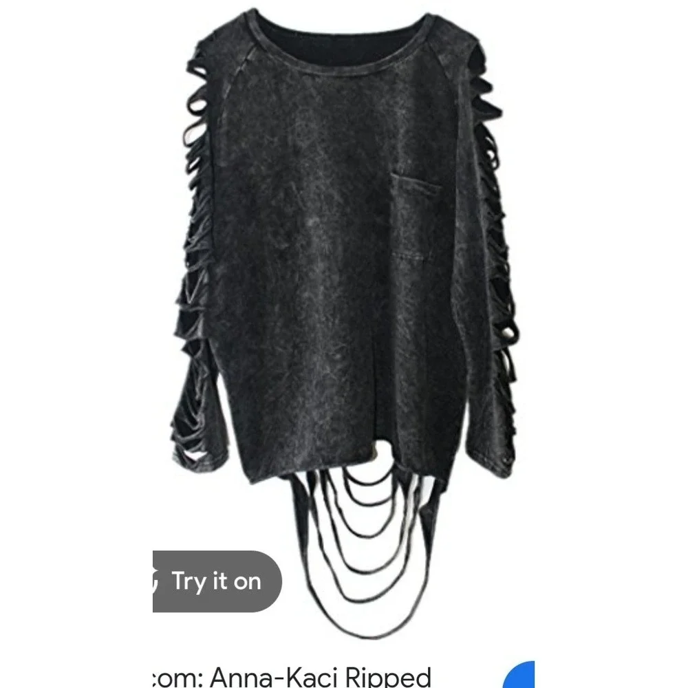 Anna Kaci 2XL Ripped Out Faded Blue Long Sleeve Top - Picture 4 of 4